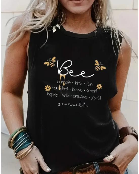 

Plus Size Bee Print Crew Neck Tank Top, Casual Sleeveless Tank Top For Summer, Women s Plus Size Clothing 1XL чёрный