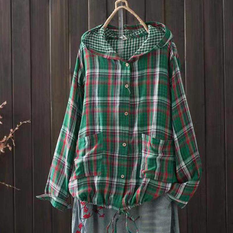 Women's Hooded Double-layer Cotton Yarn Plaid Shirt   Literary Retro Casual Cardigan Top Jacket