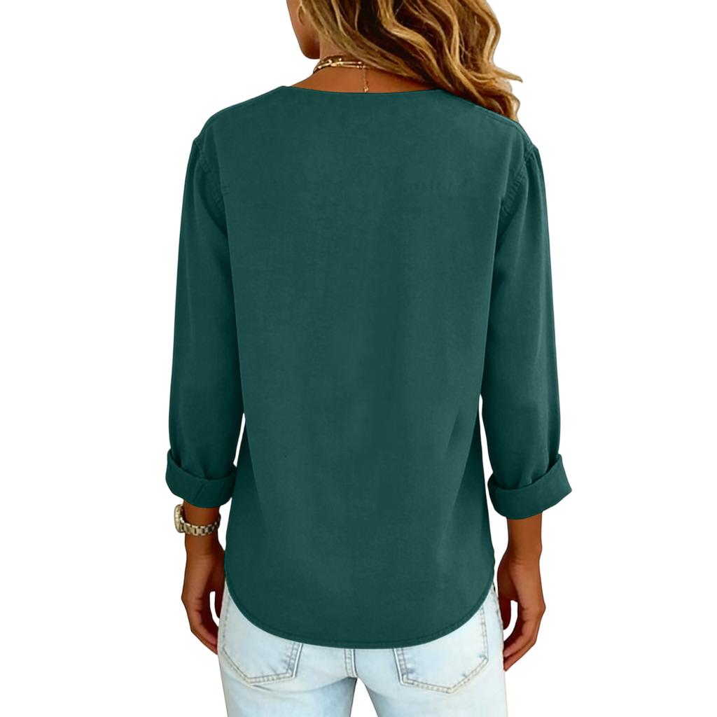 Ladies' Color Retro Shirt Casual Loose V-neck Long Sleeved Slit Cotton Linen Shirt