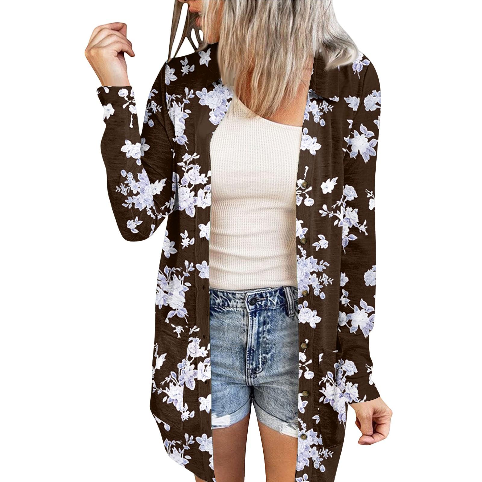 

Women s Casual Fashion Printed Long-sleeved Mid-length Cardigan Jacket L коричневий