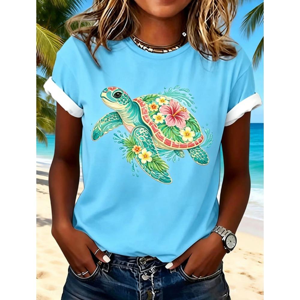 Fashion Women Retro Creative Turtle Pattern Print T Shirt Funny Casual O-neck Short Sleeves T-shirt Summer Female Tee Shirt