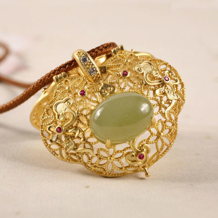 Natural Hetian Jasper Geometric Open Hollow Pendant Necklace Chinese Retro Light Luxury Charm Women'S  Jewelry