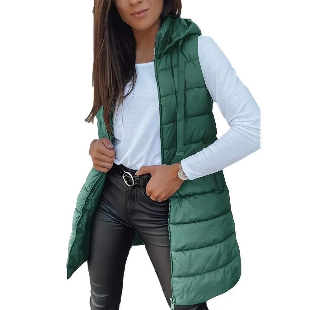 Autumn Winter Solid Color Hooded Zip Cotton Vest Women Mid-Length Plus Size Padded Gilet Coat