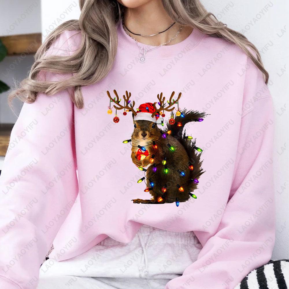Christmas Squirrel Lights Sweatshirt Xmas Squirrel Hoodie Women Long Seleeve Sweater Santa Squirrel Gift Cute Christmas Sweater