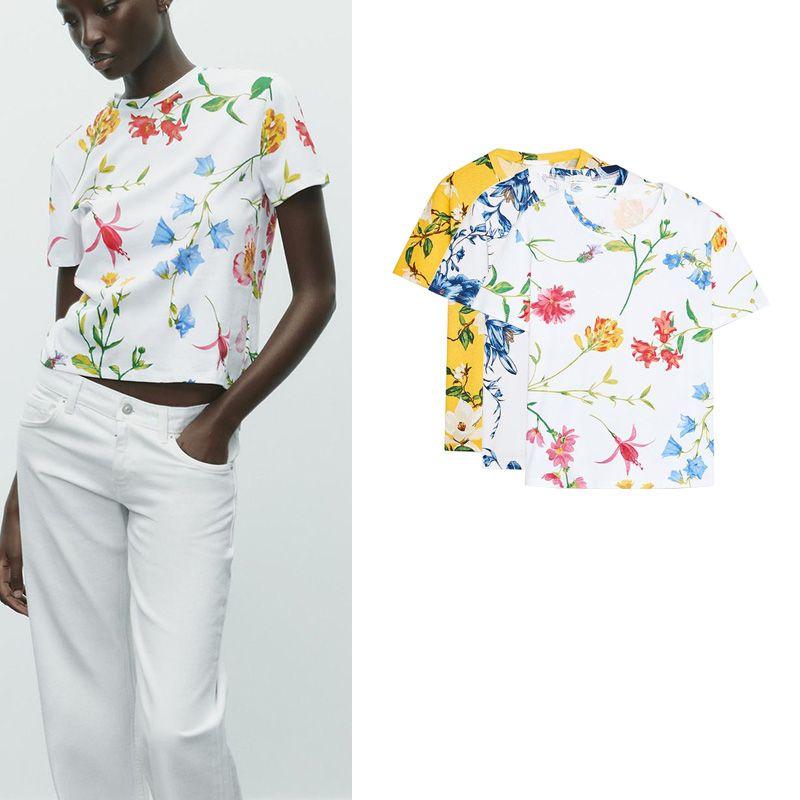 Summer New Product Women's Clothes French Straight Cotton Silm Print Round Neck Short Sleeve T-shirt Top 0264335