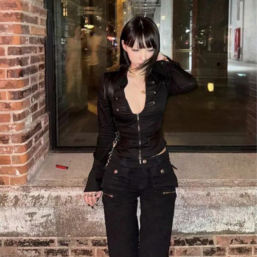 2KWEIRD Y2k Schwarz Sexy Shirts Damen V-Ausschnitt Kokett Harajuku American Vintage Reißverschluss Bluse Slim Gyaru Strickjacke Streetwear