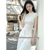 Korean Gentle Beige Knitted Short-sleeved Women's Summer Semi-turtleneck Slim-fitting and Thin Hollow Waist Temperament Bottoming Top