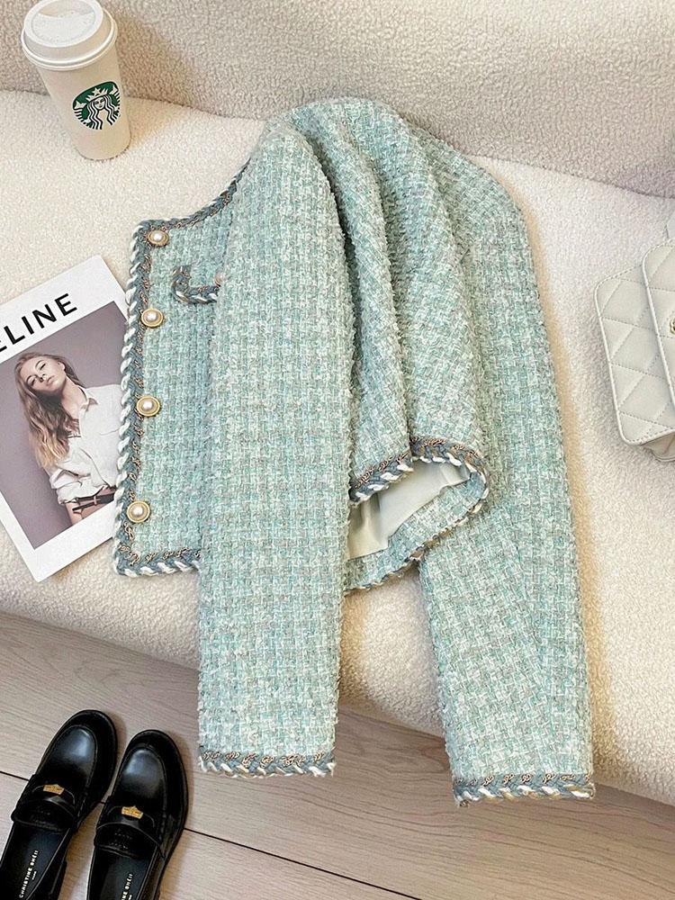 Chic Button Crop Coats Women Spring Autumn Long Sleeve O Neck Elegant Jacket French Fashion Exquisite Office Lady Tweed Outwear
