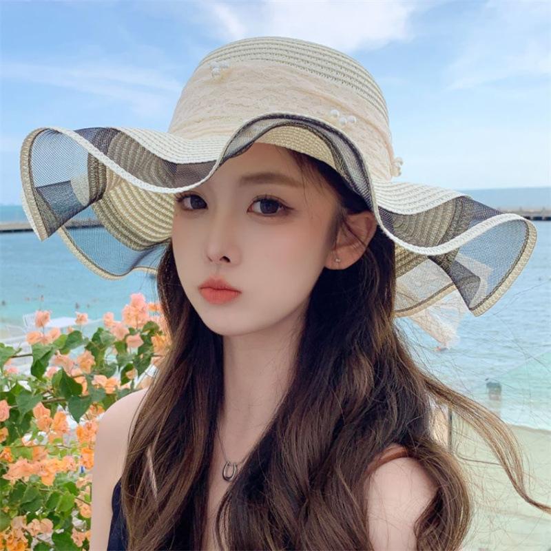 Summer French Big Brim Sun Hat Women's Fashion Ins Seaside Sun Protection Straw Hat Pastoral Pearl Face Small Sun Hat