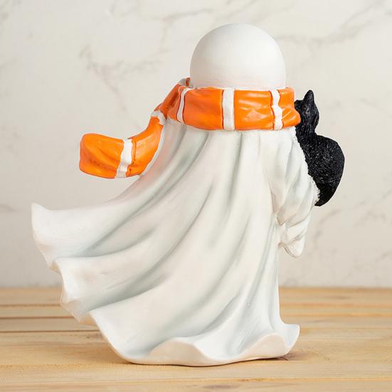 Halloween Ghost Figurine Resin Ghost And Black Cat Statue Desktop Ghost Wearing Scarf Ornament for Mantel Cabinet Shelf