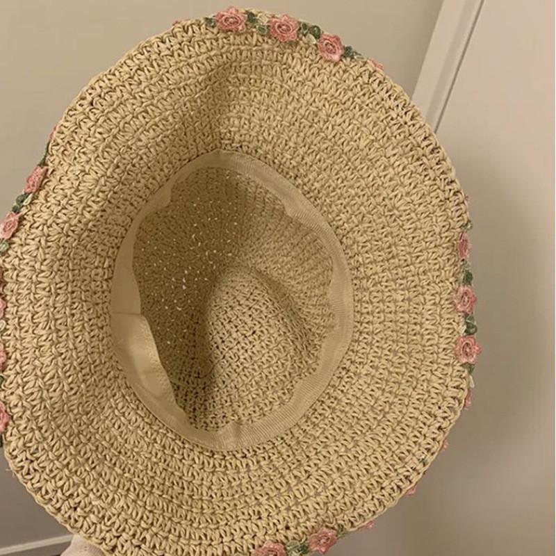 Stylish Ins Flower Foldable Straw Hat For Women Summer Beach Sun Protection