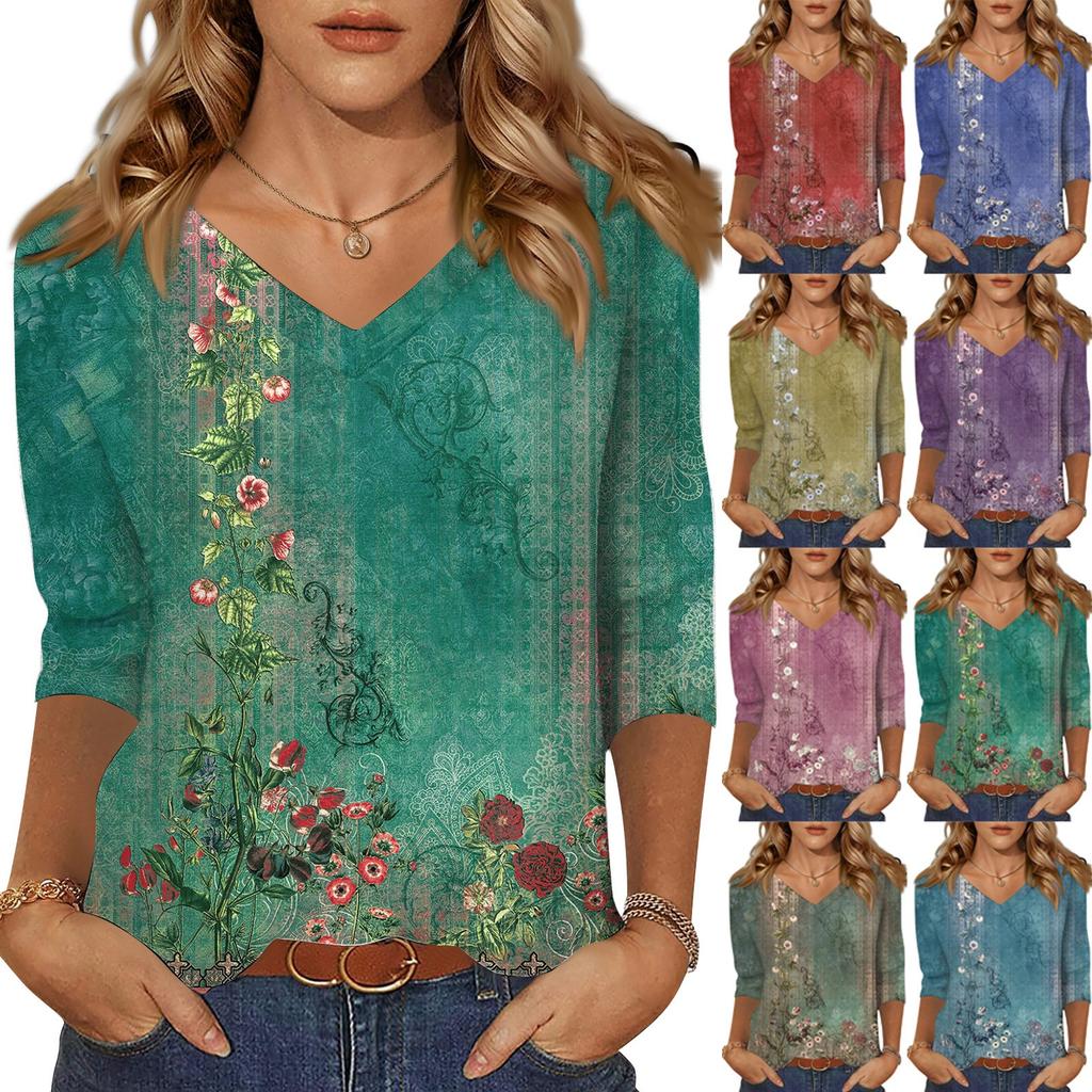 3/4 Sleeve Shirts For Women Cute Print Graphic Tees Blouses Casual Plus Size Basic Tops Pullover