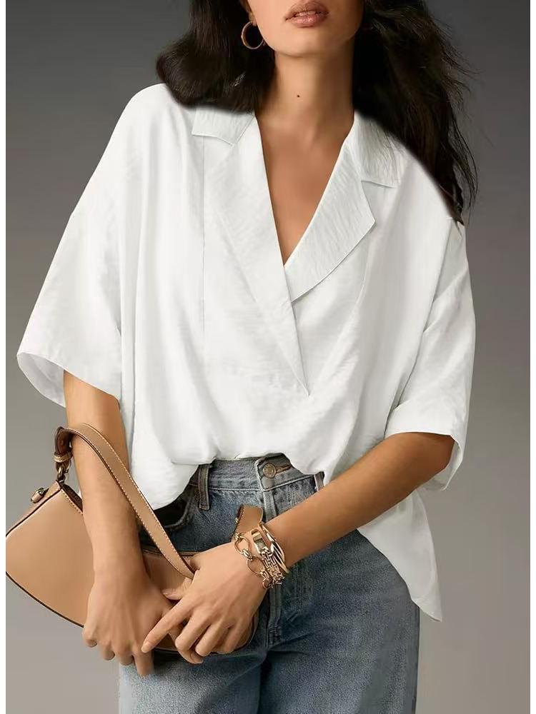 2025 Women's Casual Loose Short Sleeve Lapel Shirt - Solid Color, Summer Style