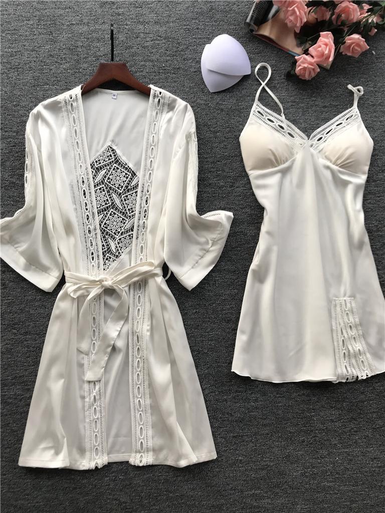 MAITA Sexy Sling Pajamas In Spring, Women's Nightgown with Chest Pad, Ice Silk Long-sleeved Pajamas, Two-piece Suit, Home Clothes