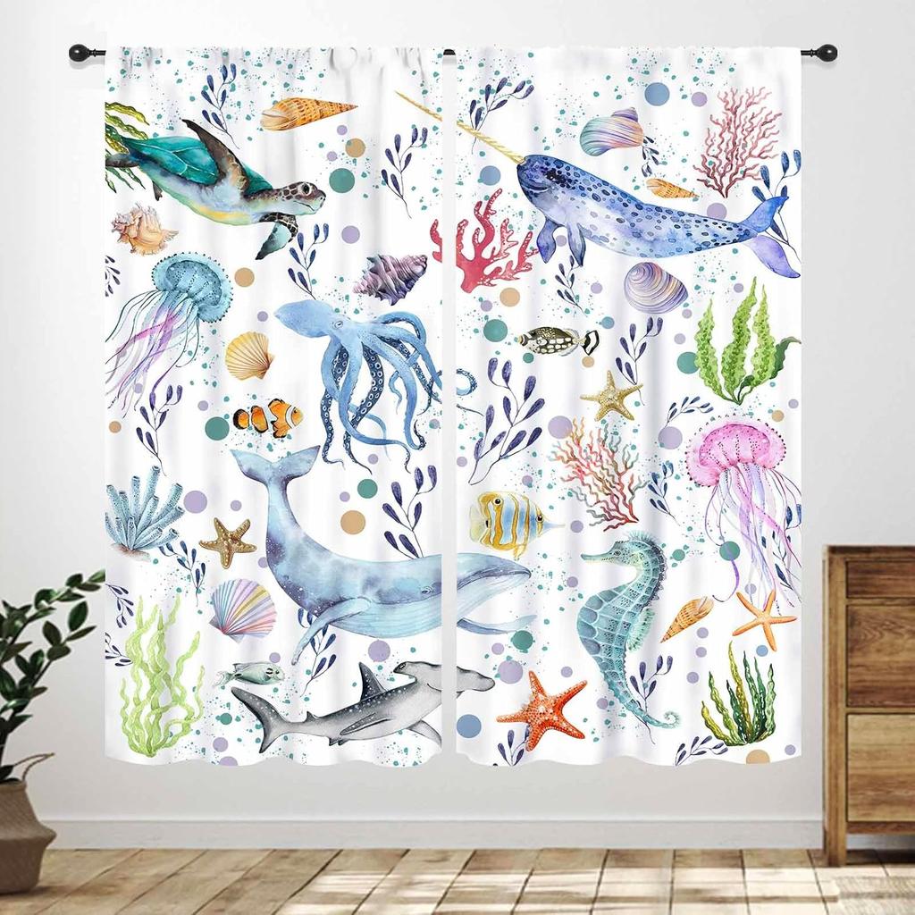 Blue Curtains Kids Room Cartoon Underwater Animals Sharks Turtles Nature Marine Plants Window Drapery Treatments Curtain Polyester Washable Children's