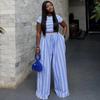Blue and White Striped Short Sleeve Top and Wide Leg Pants Set