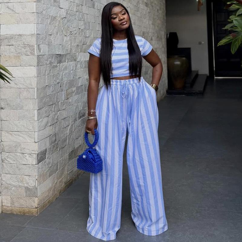 Blue and White Striped Short Sleeve Top and Wide Leg Pants Set