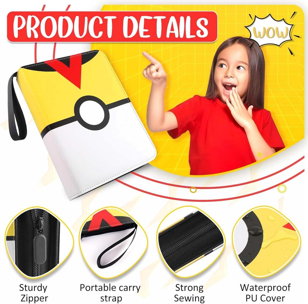 Card Binder 4 Pocket, Trading Card Holder Fits 400 Cards With 50 Removable Sleeves, Portable Collection Card Ablum, Game Card Case book With Zipper