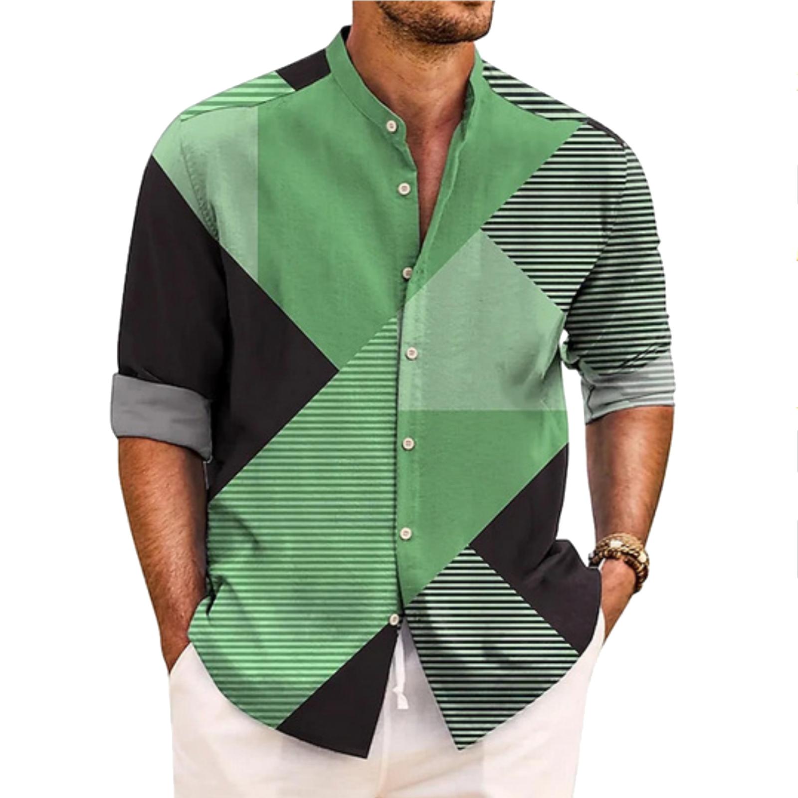 

Men s Loose And Casual Long-sleeved Shirt With Color-blocked Geometric Print Stand-up Collar Button Shirt XL зелений