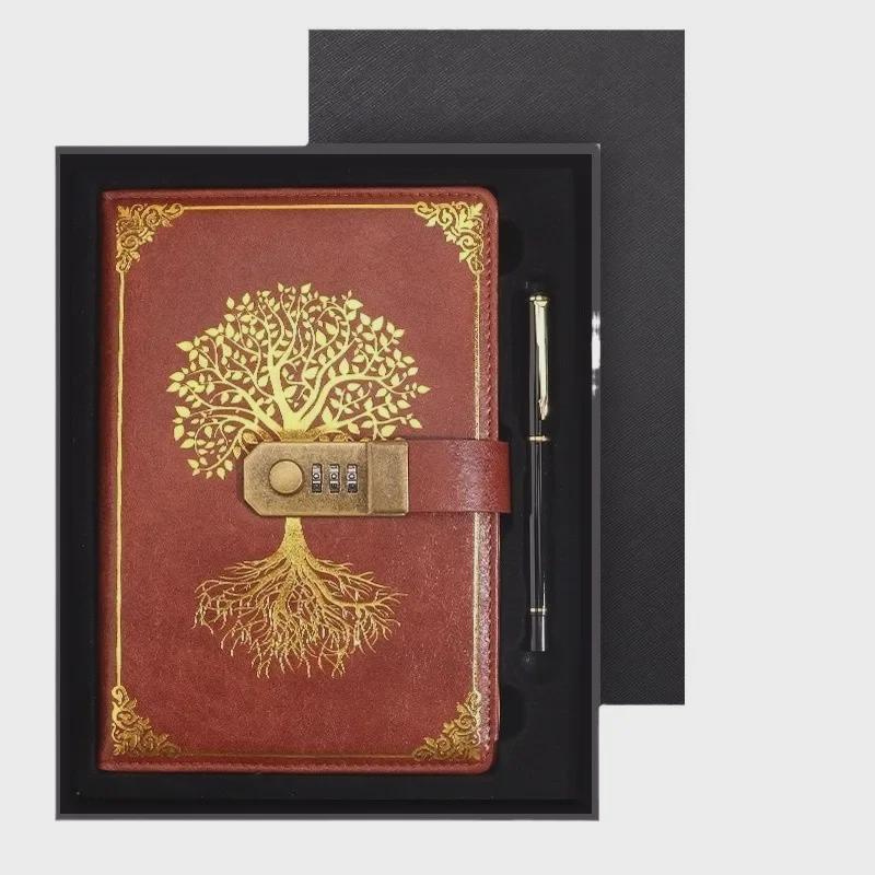 Zestaw notesu A5 w stylu retro z hasłem w pudełku prezentowym: Dziennik spotkań biznesowych z możliwością personalizacji logo.