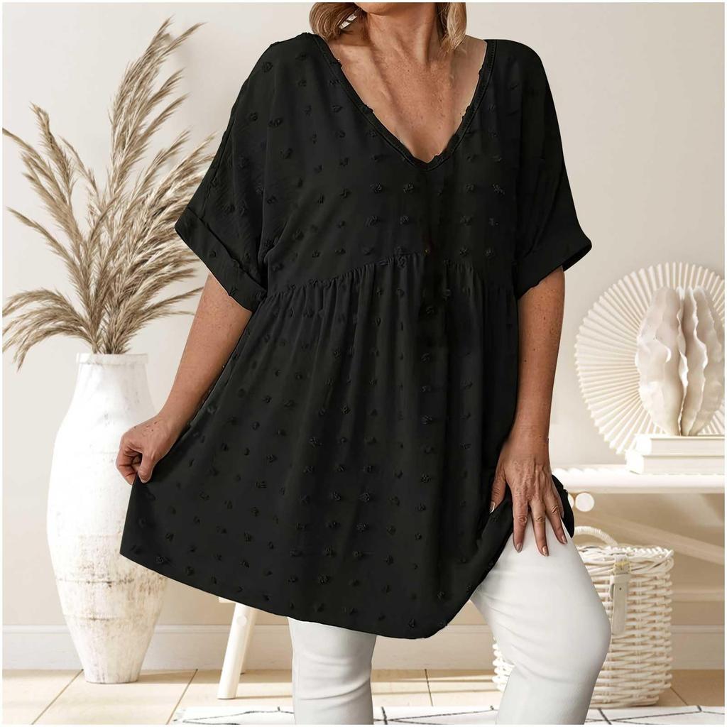 Women's Fashionable Casual V-Neck Plus Size Oversized Top With Pom-Pom Accents