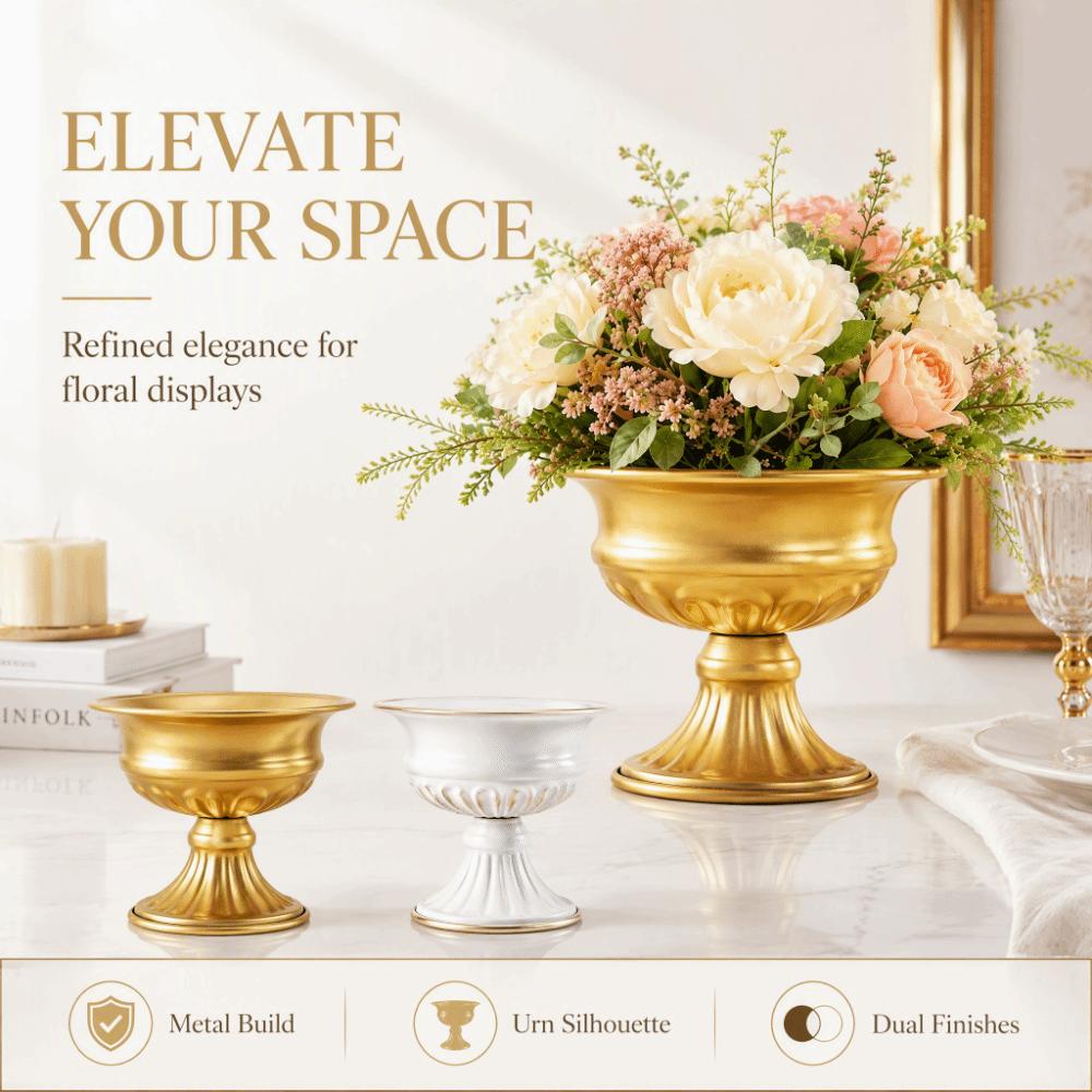 High-footed Design Urn-shaped Vase Metal Material Flower Pot Elegant Metal Vase Home Decor