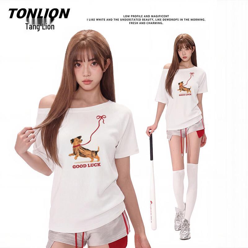 TonLion Women s Off-Shoulder Puppy Print T-Shirt M