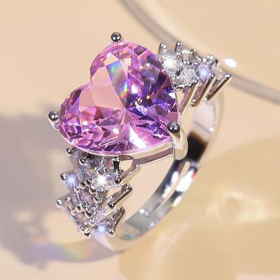 Moda Trendi Ins Pembe Pırlanta Yüzük 2025 Yeni Zirkon Kırık Buz Kesim Pembe Kalp Şeklinde Yüzük Zarif Yüzük Takı