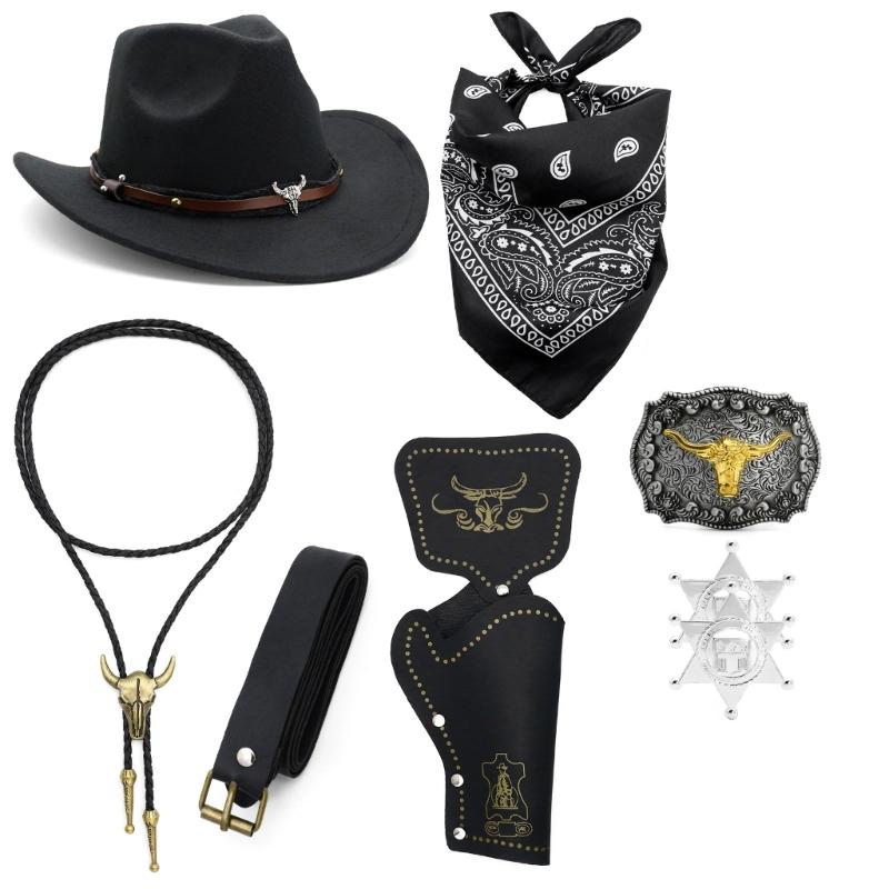 

Cowboy Outfits Western Costume Accessories Cowboy Hats Buckle Belt Holsters Bandana Badge Necklace for Halloween Cosplay чорний