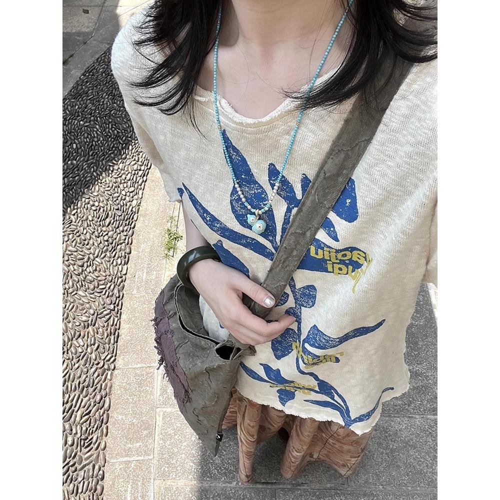 American old printed short-sleeved t-shirt women's summer new loose and thin lazy style retro heavy top