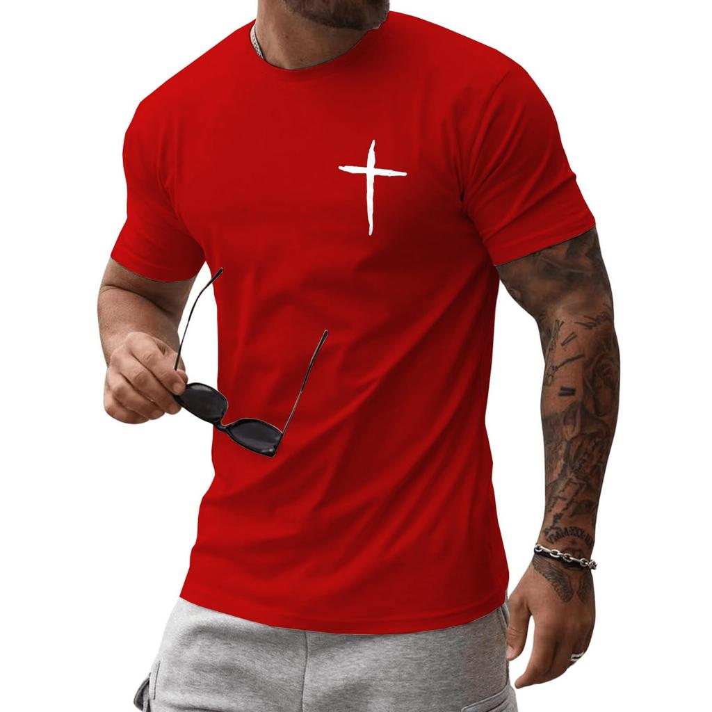Men's Minimalist Hand-Drawn Cross Print T-Shirt, Understated Casual Streetwear Short Sleeve Top