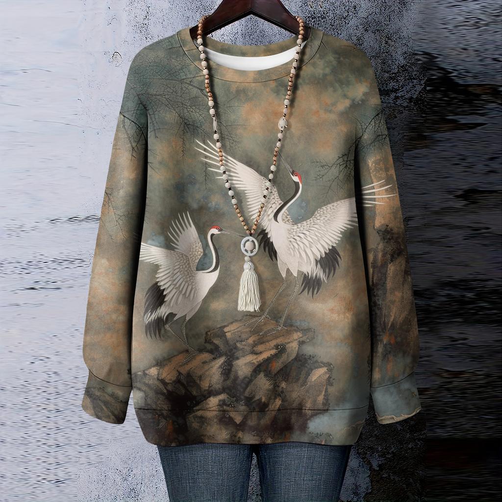 Women's Floral Print Round Neck Long Sleeved T-shirt Sweatshirt Top