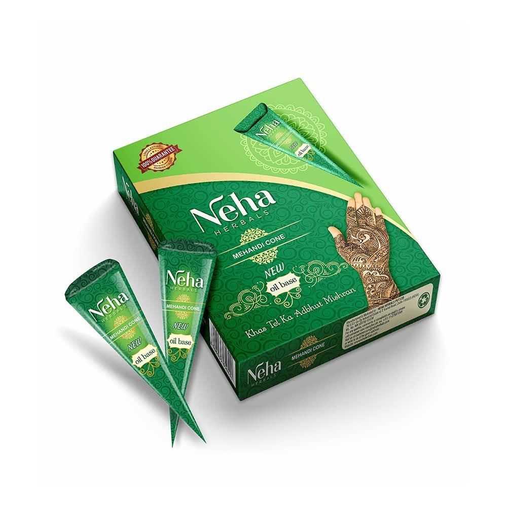 

Neha Herbals Mehndi 25GX12 cones For Temporary Body Art Hands And Feet Natural Henna Ready To Use Deep Color