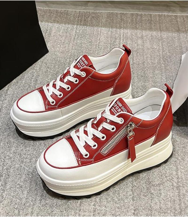 New 8.5 Cm Genuine Leather Women Platform Shoes Wedge Sneakers Lace Up Sneakers   Spring Summer Fashion Shoes