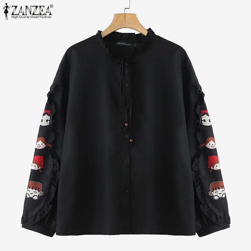 ZANZEA Bluză casual de damă cu gât rotund, imprimeu patchwork, mâneci lungi