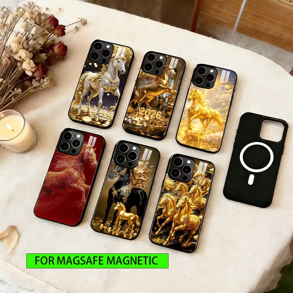Golden Horse Phone Case For iPhone17,16,15,14,13,12,11 Plus,Pro Magnetic For Magsafe Wireless Charging