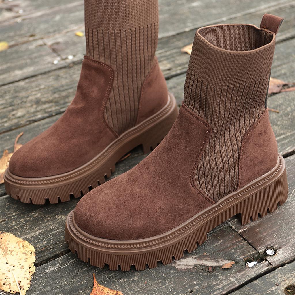 Women's Heel Round Toe Knit Patchwork Boots British for Fall Winter