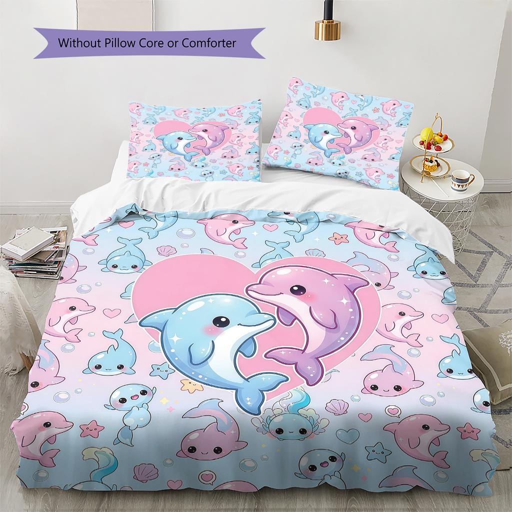 Pink Gradient Cartoon Pattern Bedding,Quilt Set Quilt Cover Pillowcase Home Birthday Gift (1 * Duvet Cover + 2 * Pillowcase, Without Core)