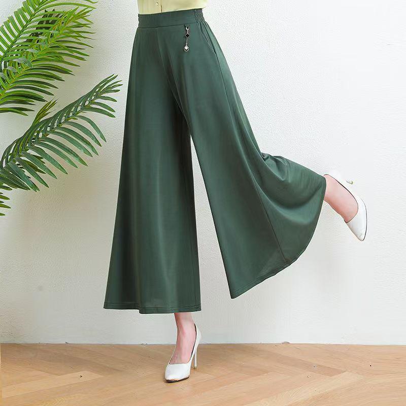 Mom's Summer Plus Size Ice Silk Wide Leg Skirt Pants - Elastic Waist Nine-Point Casual Pants for Women
