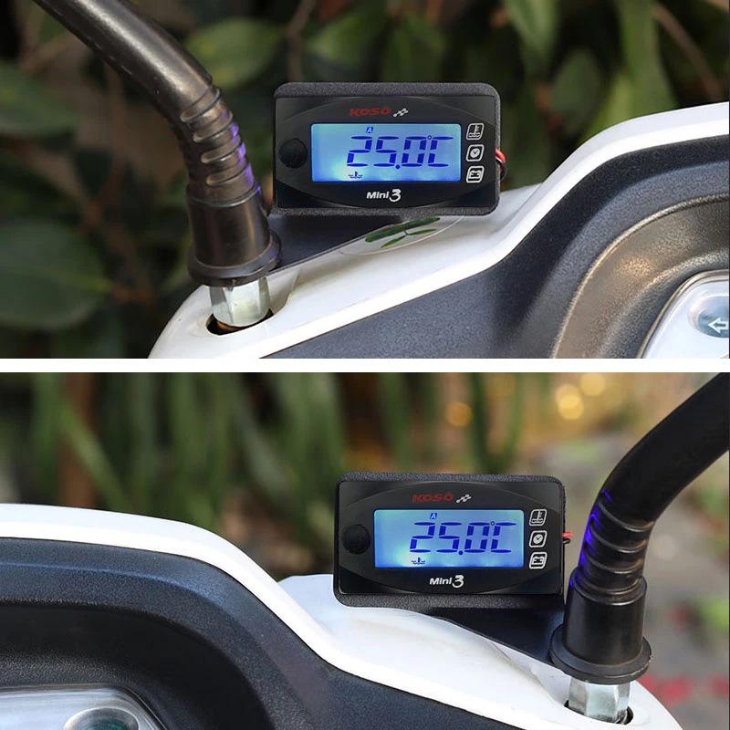 Koso 3-in-1 Motorcycle Gauge: Water Temp, Voltmeter, Time Display