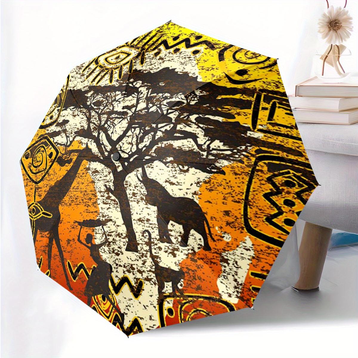 

African Retro Art Pattern Print 1pc Automatic Folding Umbrella, Portable & Foldable Design with 8 Ribs, Casual Outdoor Accesso Iron&8K