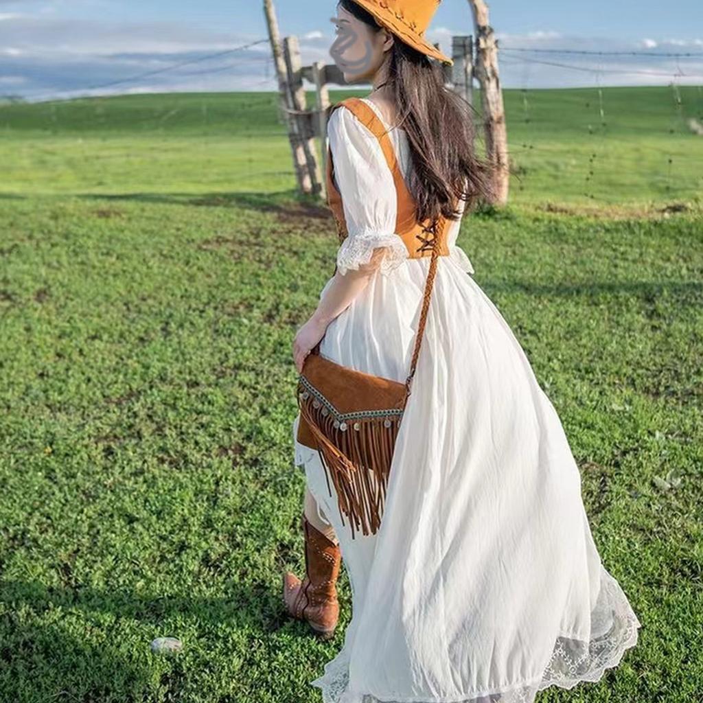 Retro Etniczny Styl Podróżnicza Fotografia Brązowa Imitacja Zamszu Z Frędzlami Torba Diagonalna Torba na Telefon Komórkowy Wszechstronna Torba na Ramię
