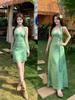 Retro French Green Polka Dot Plus Size Halter Dress with Waist-Cinch and Floral Print Straps for Summer Vacation