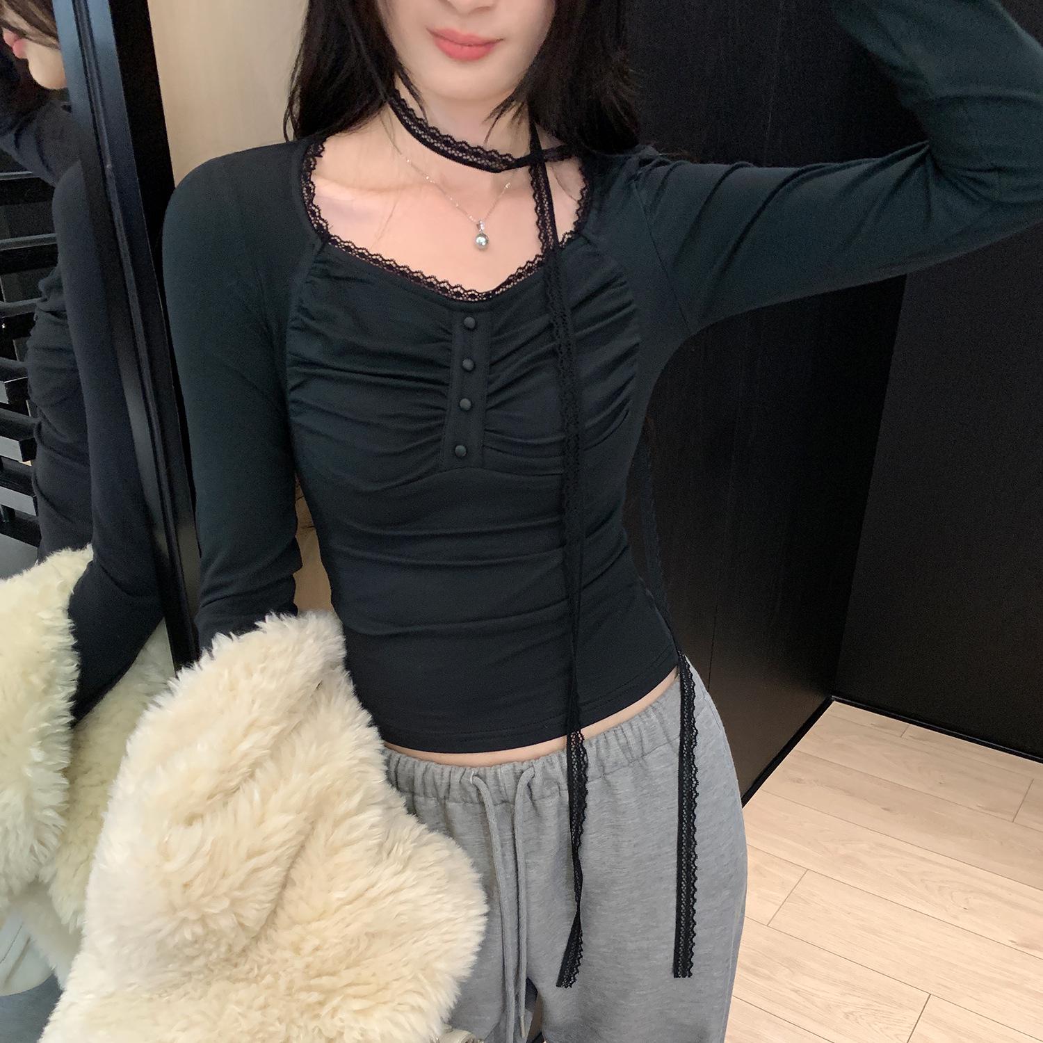 

Women s Autumn Slim Fit Lace Square Neck Long Sleeve Pleated Top Extra Large чорний