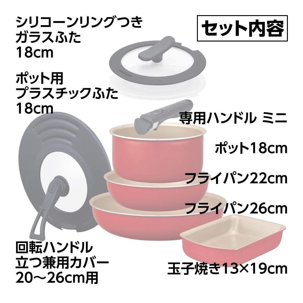 Evercook Frying Pan 8 Piece Set with Mini Handle and IH 1 Year Doshisha Set, [Set Dual-purpose Cover] Detachable, Compatible, Red, Warranty,