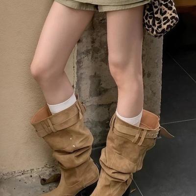 Mode Dünne Stiefel Damen 2025 Großer Schaft Wickel Braun Florstiefel
