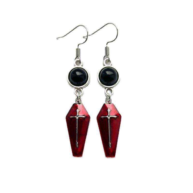 Gothic Coffin Earrings with Red Enamel and Black Stone - Cross, Halloween Alternative Jewelry