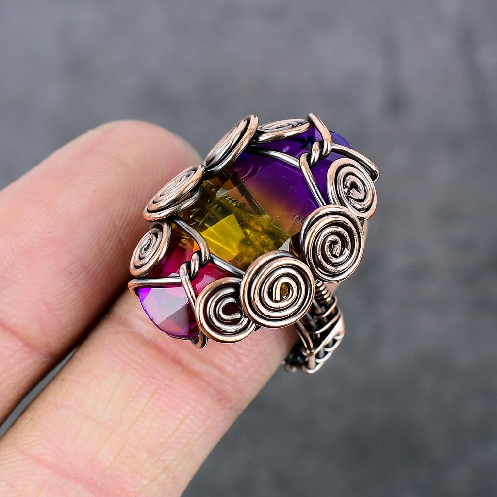Bi-Color Tourmaline Handmade Copper Wire Wrap Jewelry Ring Size 9 L8m14