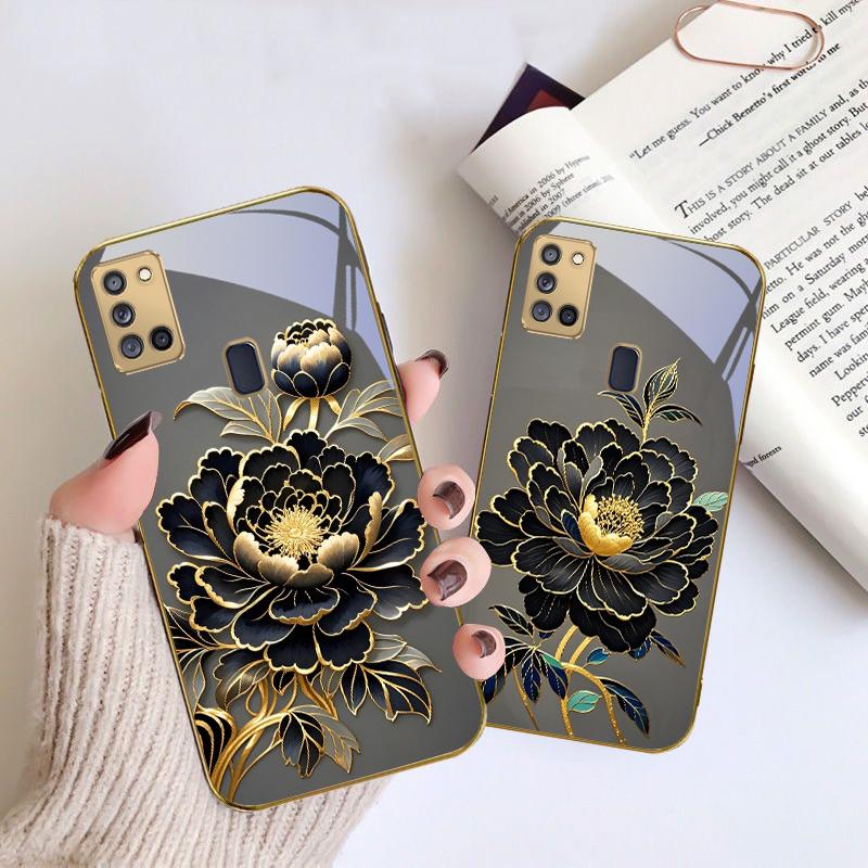 Black Gold Peony Flower For Samsung A 31 32 A33 A34 35 14 A15 13 16 25 26 50 52 53 54 55 56 70 71 72 73 Golden glass phone case