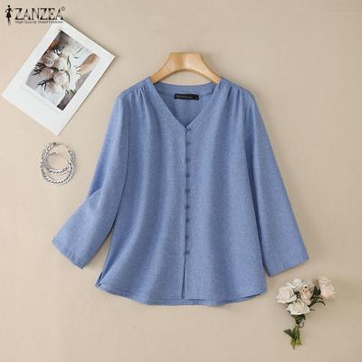 Women Casual V-Neck Solid Color 3/4 Sleeve Loose Blouse